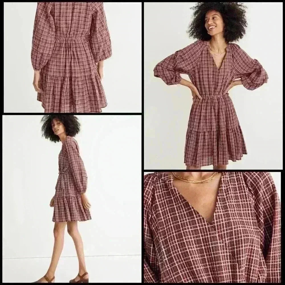 Madewell Seersucker Wrap Bodice Raglan Sleeve Cottagecore Boho Mini Dress Size M